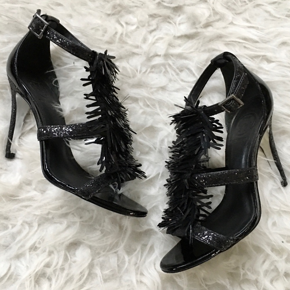 Tory Burch Black Evelyn Sequin Fringe Heels - Picture 2 of 6